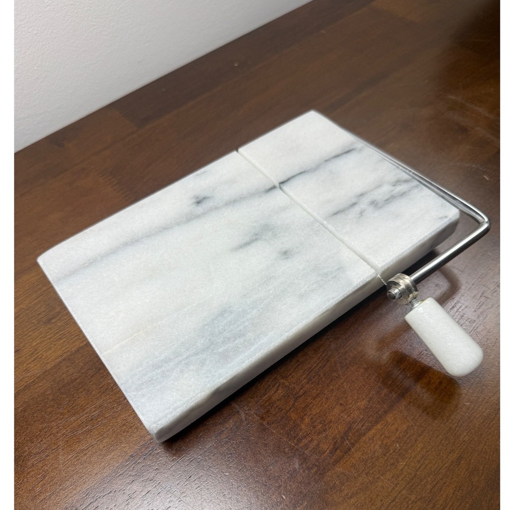 White Marble Cheese Slicer Board with Stainless Steel Wire and Marble Handle